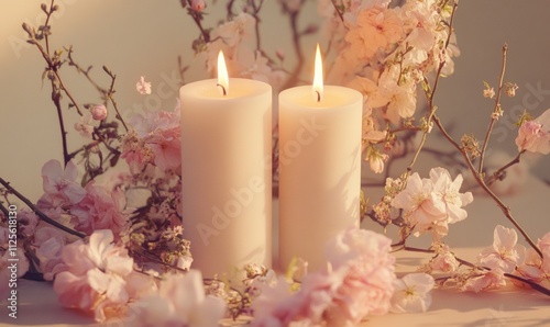 Two candles are lit on a table with pink flowers