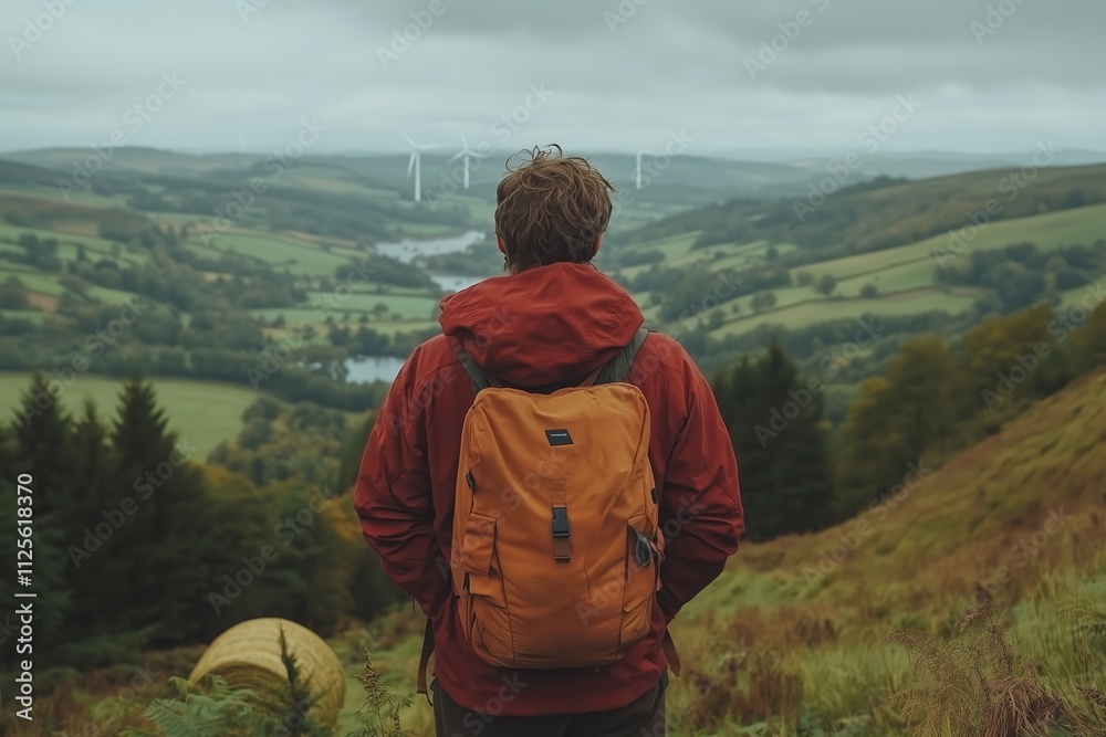 Naklejka premium A man in a red jacket and orange backpack stands on a hillside, gazing at a sprawling green valley with rolling hills, trees, and distant wind turbines.