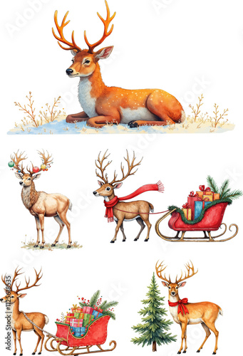 Christmas deer watercolor illustrations for festive banner designs