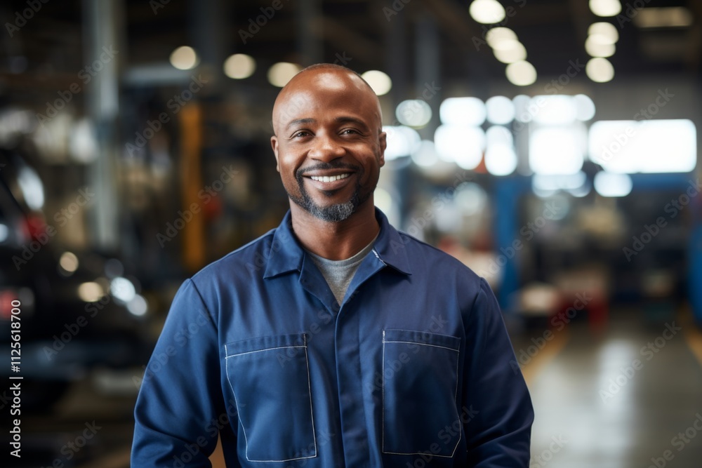 Fototapeta premium Portrait of a middle aged African American car mechanic in workshop