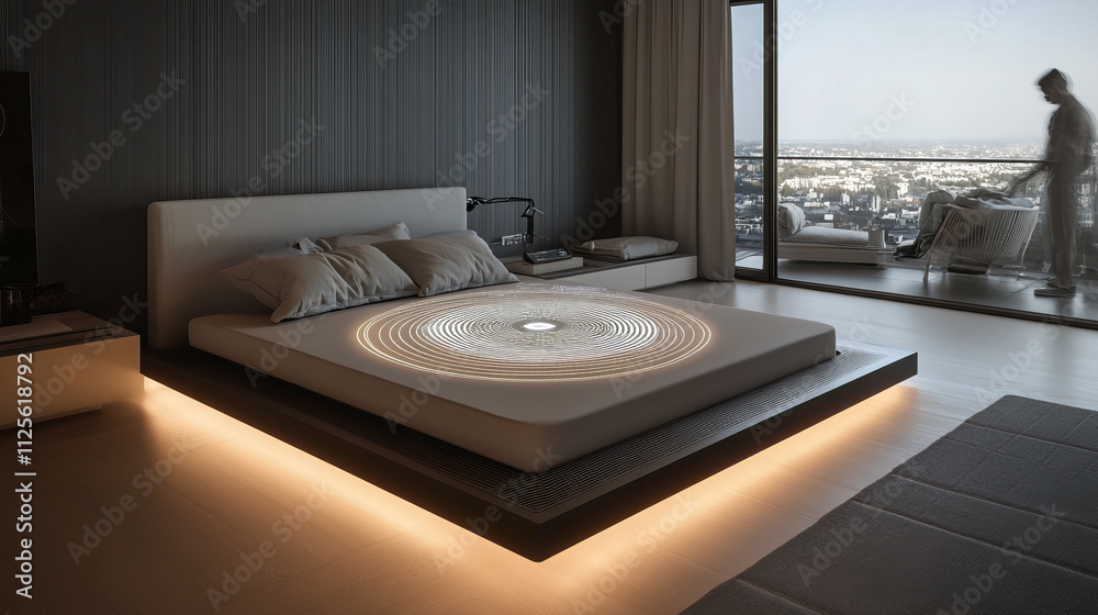 Modern minimalist bedroom with illuminated bed and city view balcony Modern minimalist bedroom with illuminated bed and city view balcony