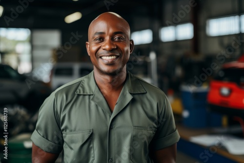 Portrait of a middle aged African American car mechanic in workshop