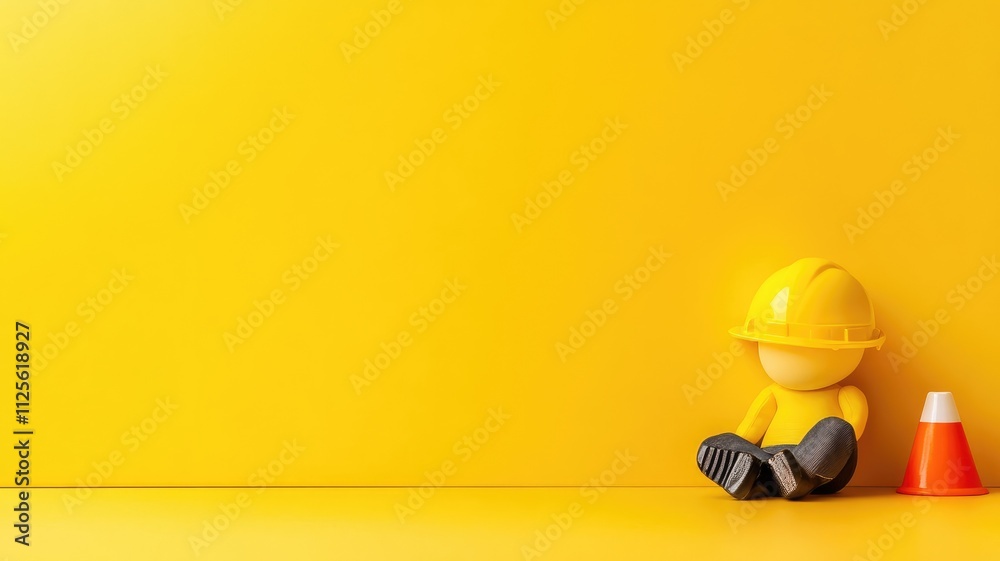 Yellow toy construction worker sitting next to orange cone against yellow background Yellow toy construction worker sitting next to orange cone against yellow background