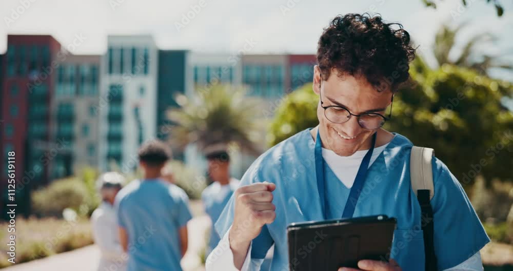 Happy man, outdoor and success on tablet as medical student results, education or learning. Male person, winner and tech for internship, internet and scroll in university or hospital with celebration
