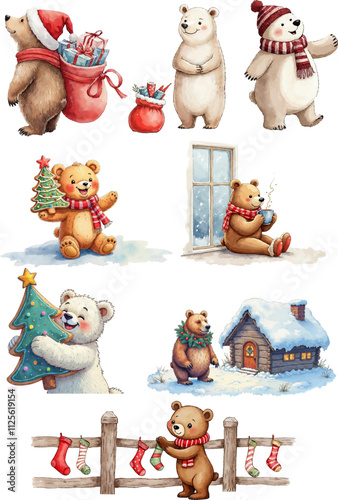 Cute Christmas bear illustrations with festive activities and decorations for holiday cheer watercolor