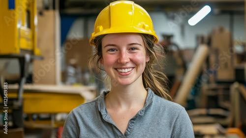 Wallpaper Mural Female caucasian young adult smiling in workshop wearing hard hat Torontodigital.ca