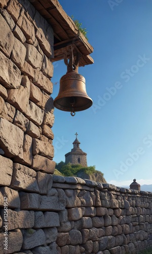 A clear blue sky above a stone wall with a bronze bell hanging from it, sky, stone wall photo