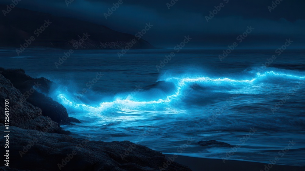 Fototapeta premium A glowing wave illuminated in blue against a dark night ocean scene.