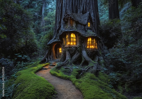 Enchanted Tree House in Magical Forest at Night photo