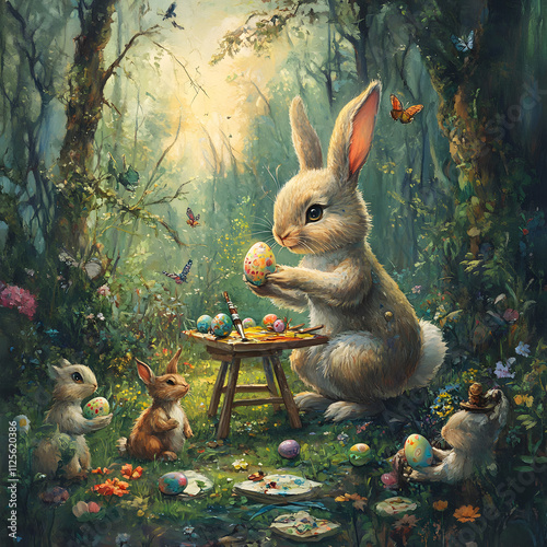 Easter illustration with bunny family and easter eggs in forest photo