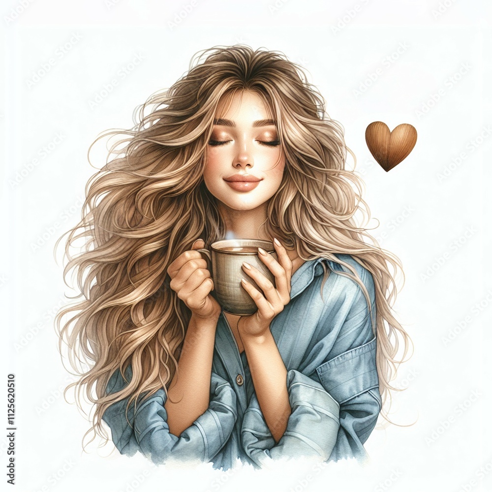 Beautiful blonde woman with wavy hair, wearing a cozy blue sweater and holding a coffee cup, radiating calm and warmth. Beautiful blonde woman with wavy hair, wearing a cozy blue sweater and holding a coffee cup, radiating calm and warmth.