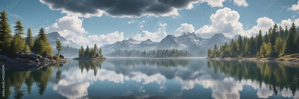 Serene lake scene with misty cloud formations , atmospheric, serene, natural Serene lake scene with misty cloud formations , atmospheric, serene, natural
