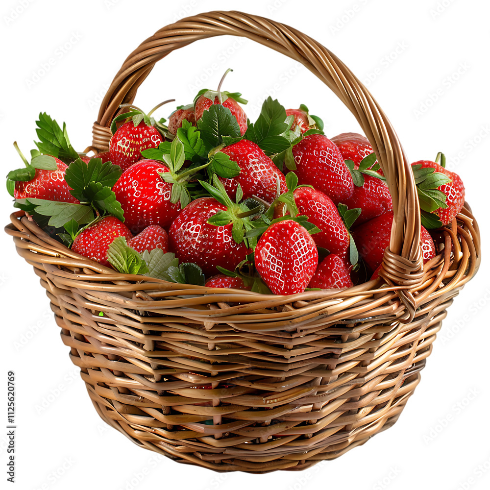 A wicker basket filled with many red strawberries isolated on transparent background A wicker basket filled with many red strawberries isolated on transparent background