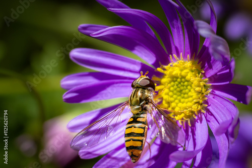 Wespenfliege am blauen Gänseblümchen