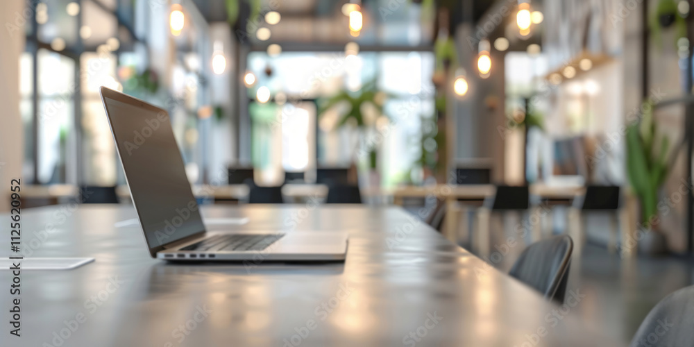 An office with glass walls houses desks and chairs with laptops on them, the focus centered around one laptop captured in sharp detail against the background. An office with glass walls houses desks and chairs with laptops on them, the focus centered around one laptop captured in sharp detail against the background.