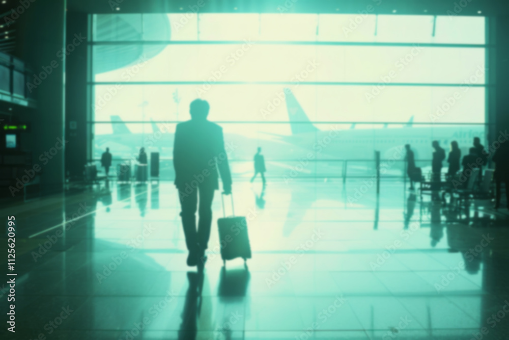A man in a suit walks with his luggage at the airport, seen from behind with a large window revealing an outside scene behind him. A man in a suit walks with his luggage at the airport, seen from behind with a large window revealing an outside scene behind him.