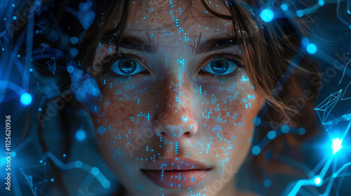 Set against a dark backdrop, a woman's face is surrounded by blue circuit lines and futuristic elements, including digital code symbols.