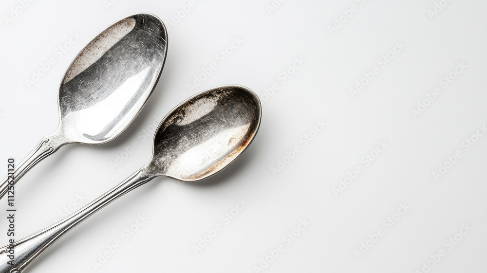 Two tarnished silver spoons on white surface Two tarnished silver spoons on white surface