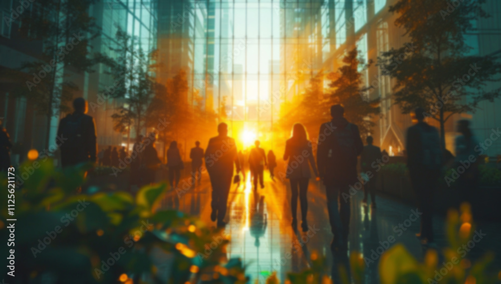 People walk in an office building filled with green plants and sunlight shining through glass windows, their silhouettes creating a blurred background. People walk in an office building filled with green plants and sunlight shining through glass windows, their silhouettes creating a blurred background.