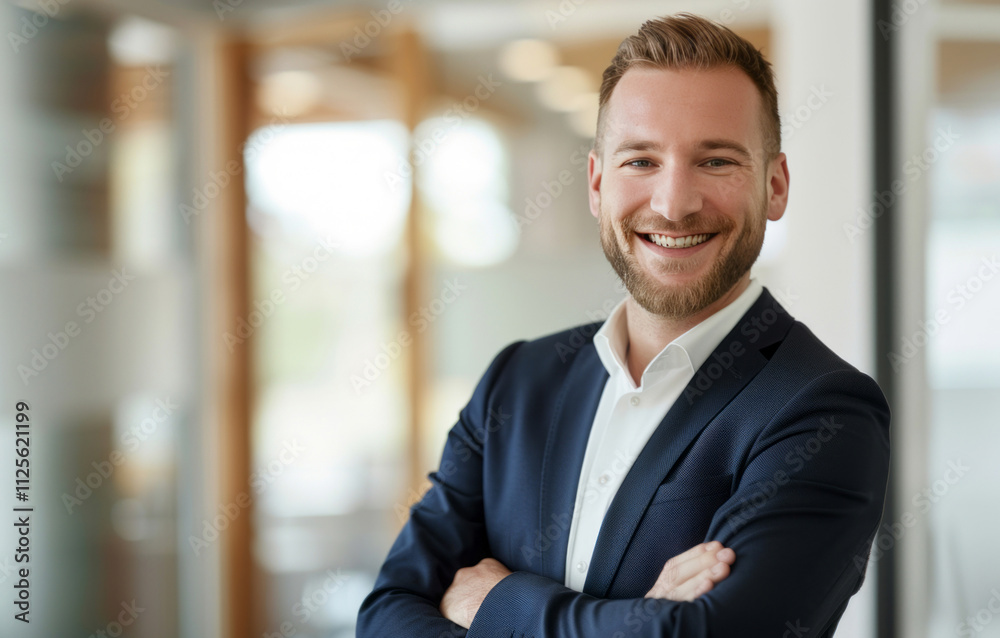 A businessman stands in an office, arms crossed, looking at the camera. A businessman stands in an office, arms crossed, looking at the camera.