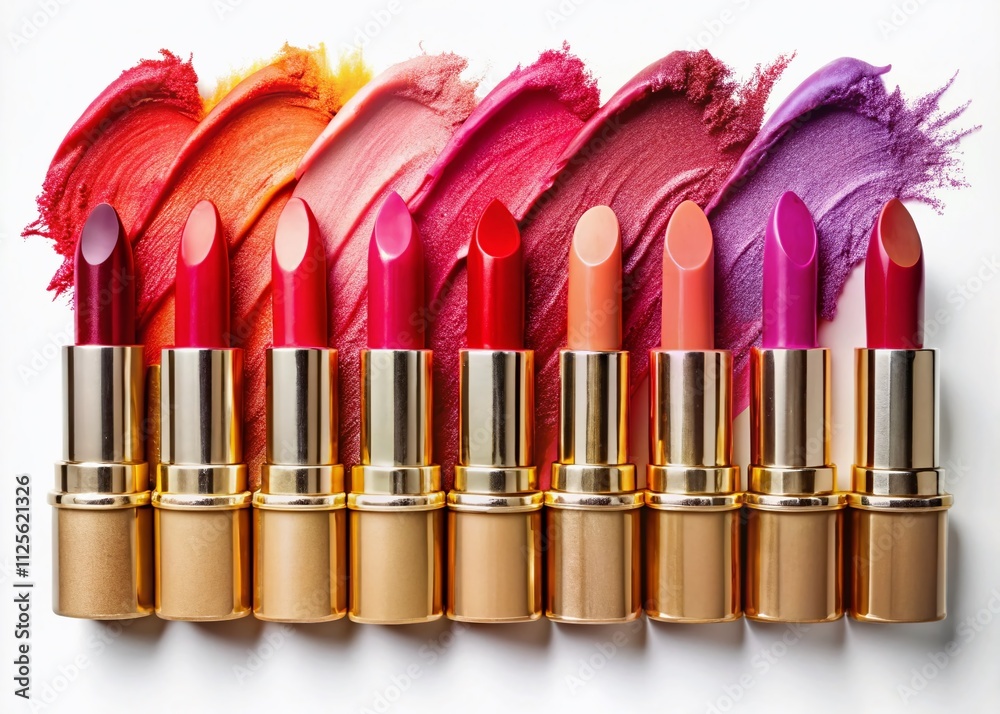 Obraz premium Discover captivating lipstick swatches in brilliant colors on a pristine white background, designed for cosmetics enthusiasts who appreciate the artistry of stunning product photography.