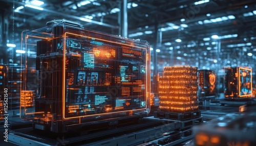 A logistics team tracking inventory updates on glowing holographic screens, stacks of organized pallets in the background, cinematic depth