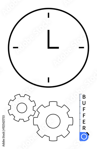 Simplified clock face with gears and a buffer gauge indicating efficiency. Ideal for project management, logistics, workflow optimization, productivity improvement, operational efficiency, time