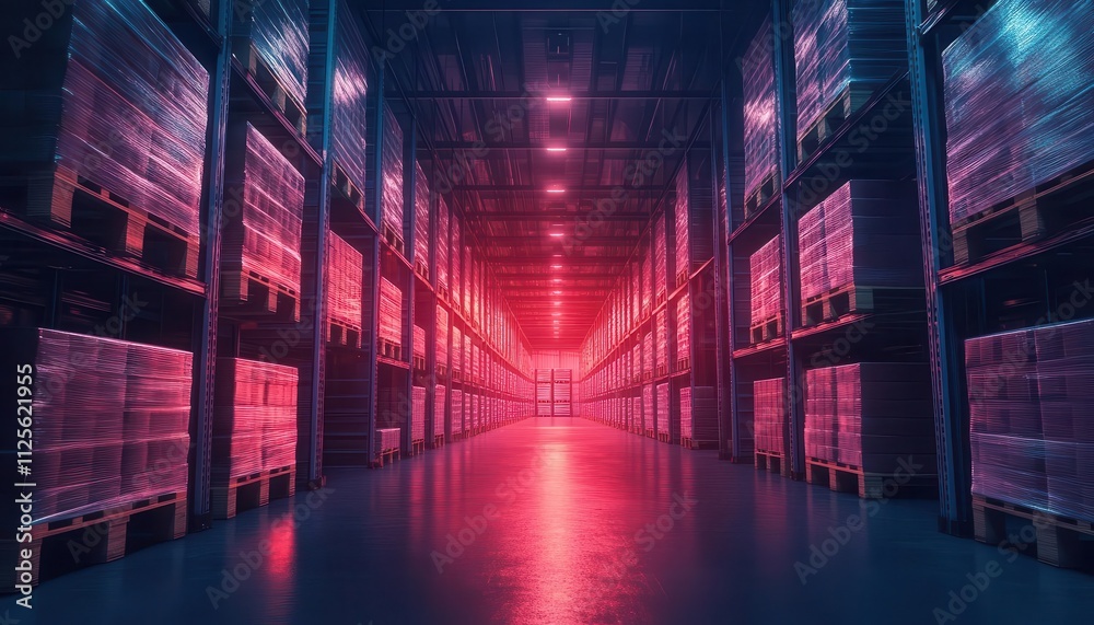 Fototapeta premium A serene warehouse environment where pallets are labeled and organized under glowing holographic grids, soft ambient lighting