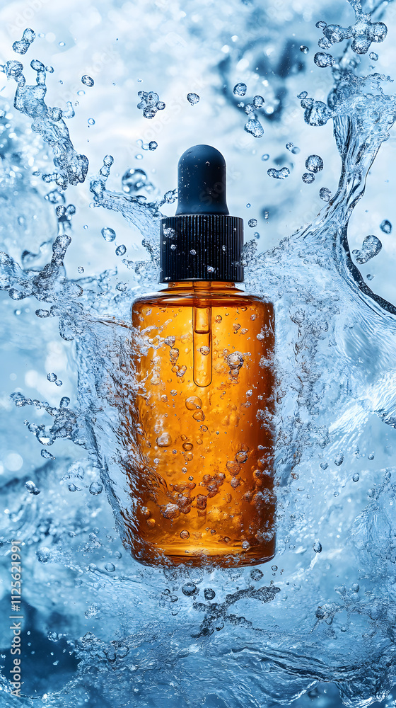 An amber bottle of face serum, surrounded by water splashes, floating above the surface of an abstract blue and white background. High-resolution product photography with studio lighting, intricate An amber bottle of face serum, surrounded by water splashes, floating above the surface of an abstract blue and white background. High-resolution product photography with studio lighting, intricate