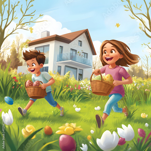 Happy kids smiling with basket easter illustration  photo