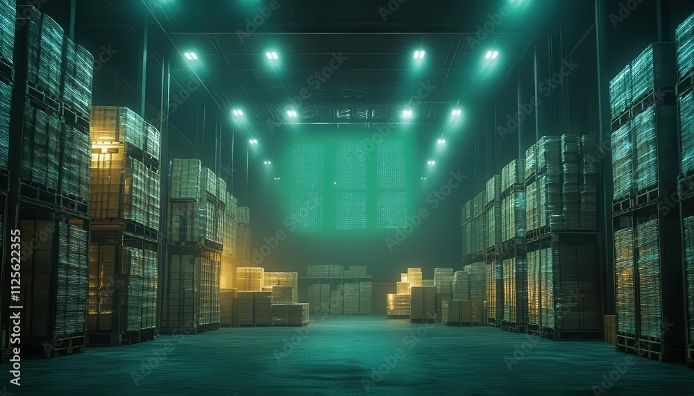 Fototapeta premium A symbolic glowing inventory chart projected above pallets, representing seamless organization, dramatic lighting and depth