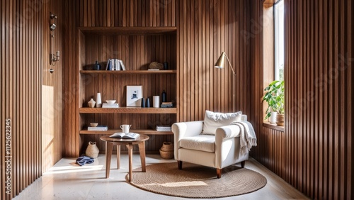 Wallpaper Mural Generative AI, A serene reading nook with a warm oak wood interior, modern furniture, and soft natural lighting Torontodigital.ca
