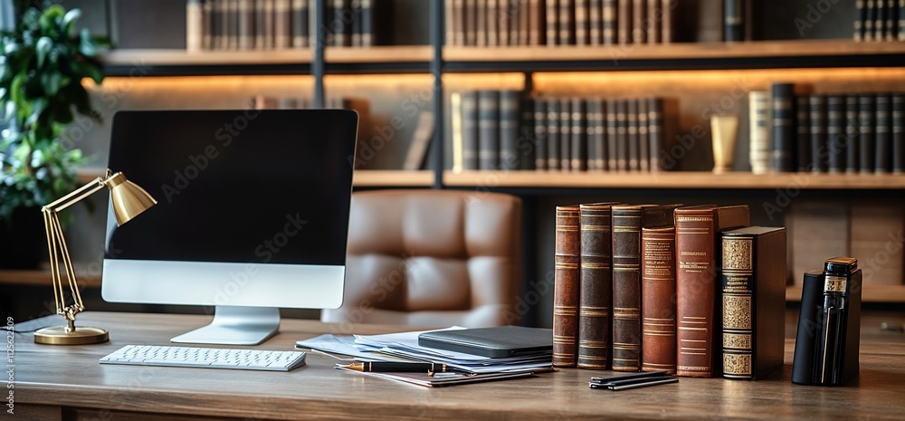 Modern desktop computer on wooden desk with books and lamp in library. Modern desktop computer on wooden desk with books and lamp in library.