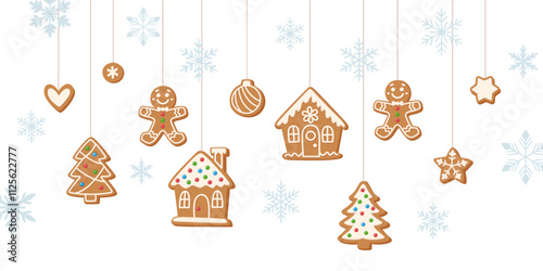 Hanging gingerbread Christmas banner. Gingerbread cookies on strings hanging on snowy background.
