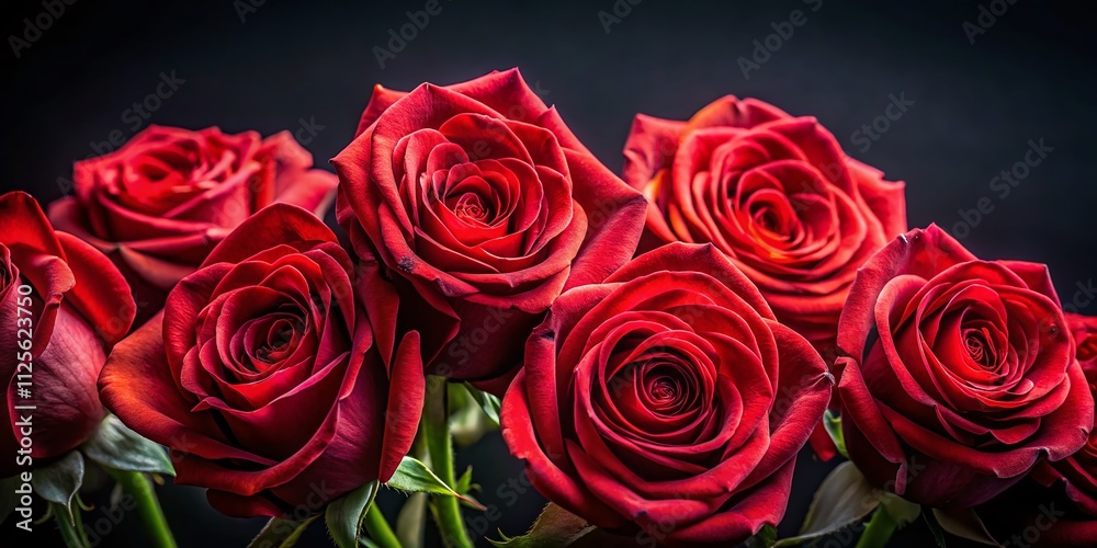 Obraz premium Elegant Macro Photography of Red Roses on Black Background for Romantic Occasions, Valentine's Day, Women's Day, Luxury Banners, and Love Themes with Copy Space