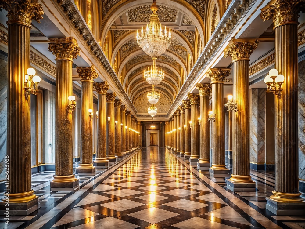 Elegant Minimalist Hallway with Marble Flooring and Golden Columns for Luxurious Interior Design Inspiration Elegant Minimalist Hallway with Marble Flooring and Golden Columns for Luxurious Interior Design Inspiration