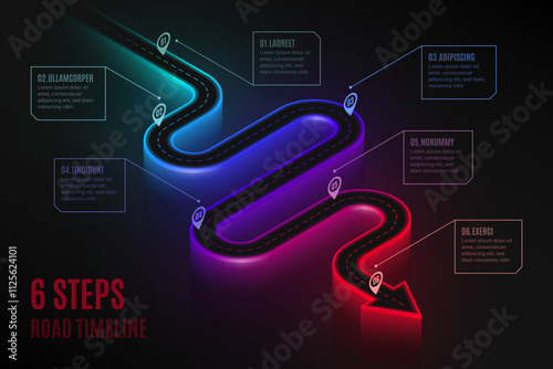 Isometric navigation map infographic 6 steps timeline concept.