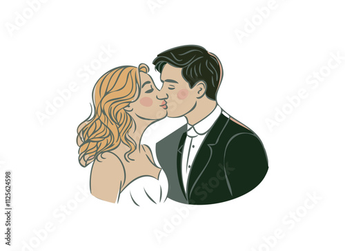 Romantic Wedding Couple Illustration: Bride and Groom Kissing
