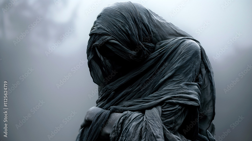 A cloaked figure with an ambiguous presence stands silently in a thick fog, the dark fabric swirling around it, creating an eerie atmosphere at twilight - Generative AI A cloaked figure with an ambiguous presence stands silently in a thick fog, the dark fabric swirling around it, creating an eerie atmosphere at twilight - Generative AI