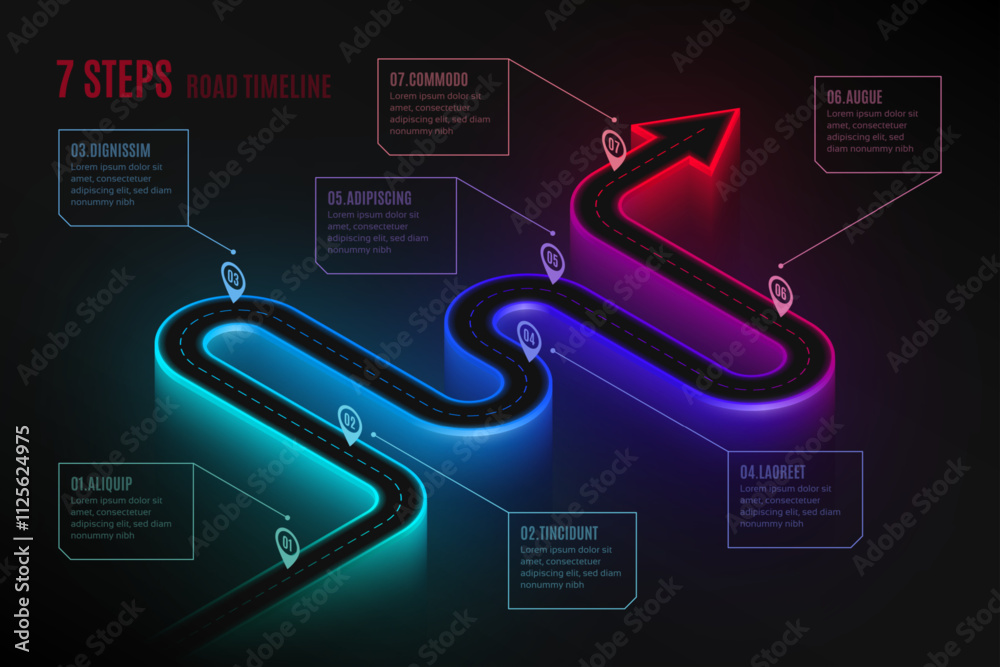 Póster Isometric navigation map infographic 7 steps timeline concept ...