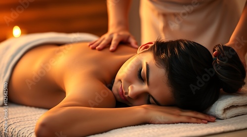 Young European woman enjoying relaxation atmosphere during full body massage at spa, room decorated with candles, side view