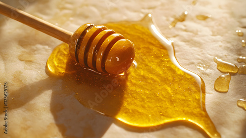 A close-up image featuring a wooden honey dripper, richly coated with golden honey, placed on a bright surface. Sunlight highlights the honey's natural texture and sheen. photo