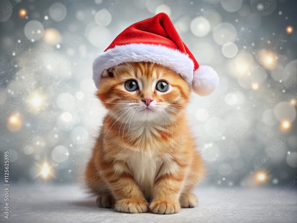 Endearing red kitten in a Christmas hat, featured on a crisp white background. Festive pet clipart adorned with a beautiful bokeh effect for holiday cheer. Endearing red kitten in a Christmas hat, featured on a crisp white background. Festive pet clipart adorned with a beautiful bokeh effect for holiday cheer.