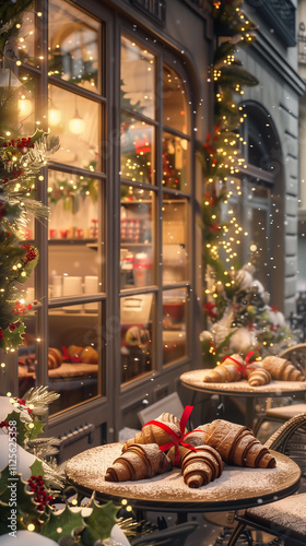 Christmas in Paris: A cafe with Christmas decorations and a table setting for coffee outside the window, a red ribbon on the door, snow falling, lights inside, and flowers and garlands