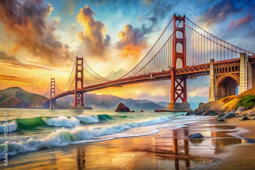 Experience San Francisco's essence with a vibrant watercolor print of the Golden Gate Bridge, showcasing its iconic architecture and scenic bay views in an abstract style.