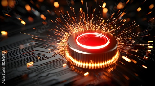 Closeup view of an emergency button glowing red, encircled by hot sparks and smoke, gritty metallic surfaces, dramatic and urgent power-off scenario--style raw