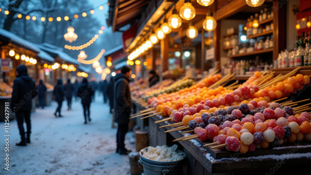 Naklejka premium A bustling outdoor market at night, illuminated by string lights, with fresh fruit on sticks being sold to passersby.