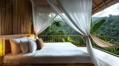 Cozy tropical-themed hostel room with bamboo decor, airy mosquito net over the bed, hammock on the balcony facing lush jungle scenery. eco-friendly hostel, nature immersion photo