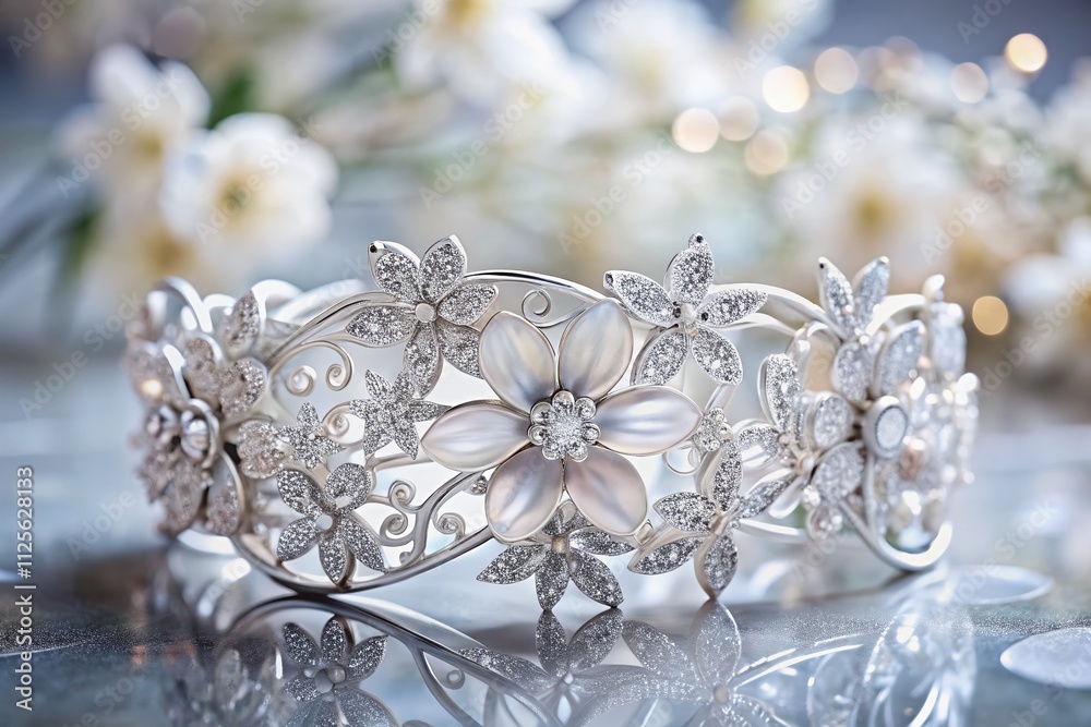 Fototapeta premium Exquisite white gold floral jewelry features intricate blossoms and leaves, creating an elegant cuff or earrings design that embodies luxury and sophistication for discerning accessories lovers.
