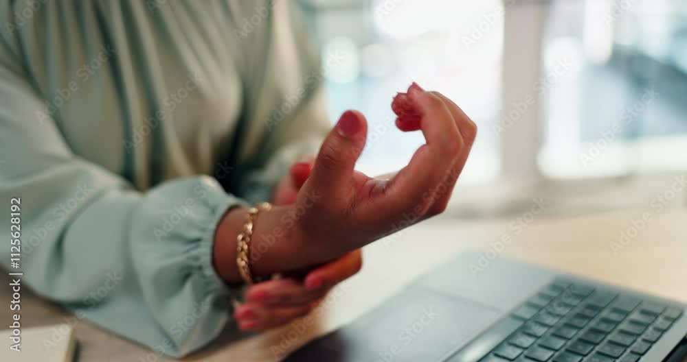 Business woman, hands and wrist pain with laptop for strain, muscle tension or sprain at office desk. Closeup, female person or employee with carpal tunnel syndrome for inflammation or arthritis Business woman, hands and wrist pain with laptop for strain, muscle tension or sprain at office desk. Closeup, female person or employee with carpal tunnel syndrome for inflammation or arthritis